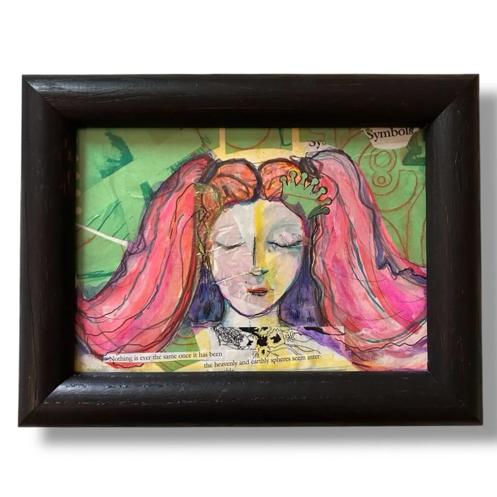 Handmade Framed Pink & Green Original Art Girl Power Gift Dorm Ready BTC 5x7 Art